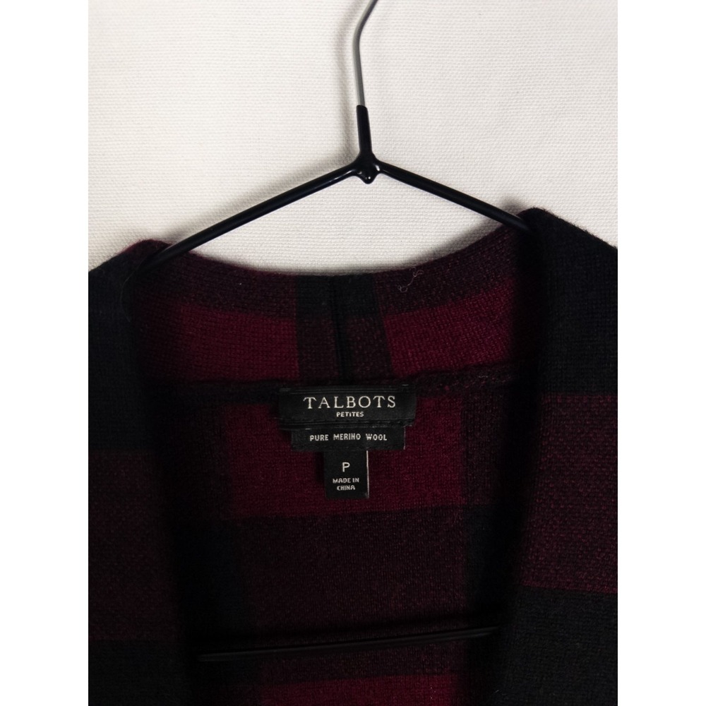 Talbots Merino Wool Cardigan Womens P Black Red Tartan Open Front Casual Knit - Picture 3 of 6